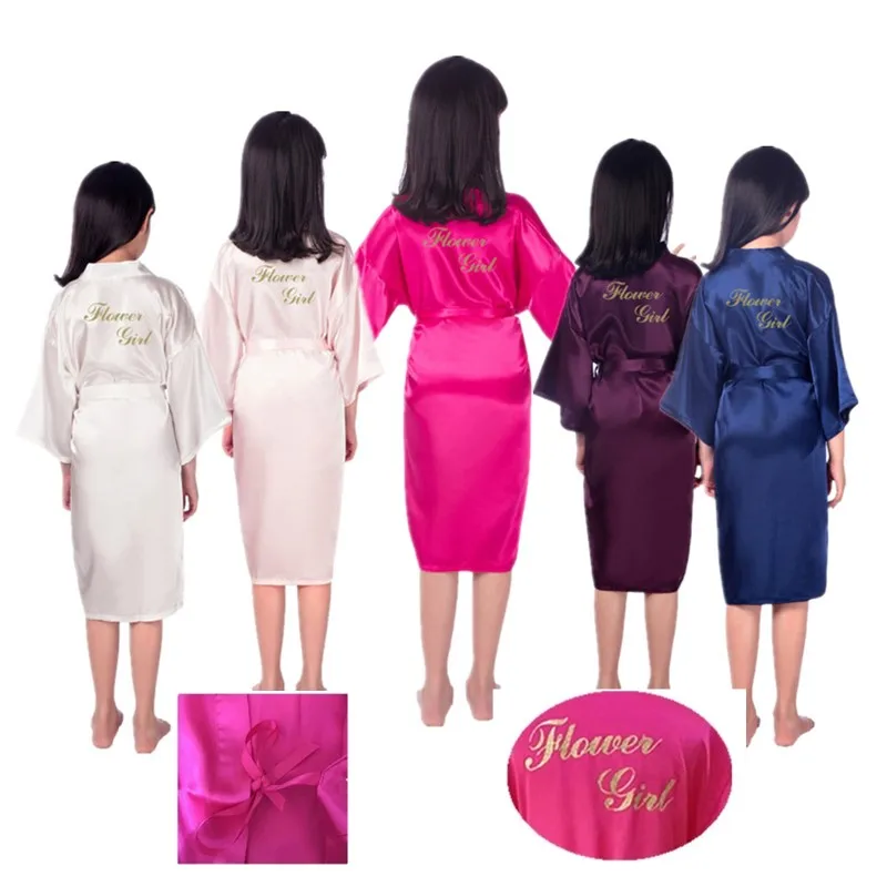 

Flower girl Gold Letter Robes Solid Satin Kids Bridesmaid Children Kimono Bathrobes Child Nightgown Wedding Party Robe B168