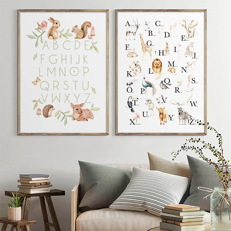 Абв алфавитом учебный плакат леса Животные принт Детская Wall Art Холст Картины Nordic