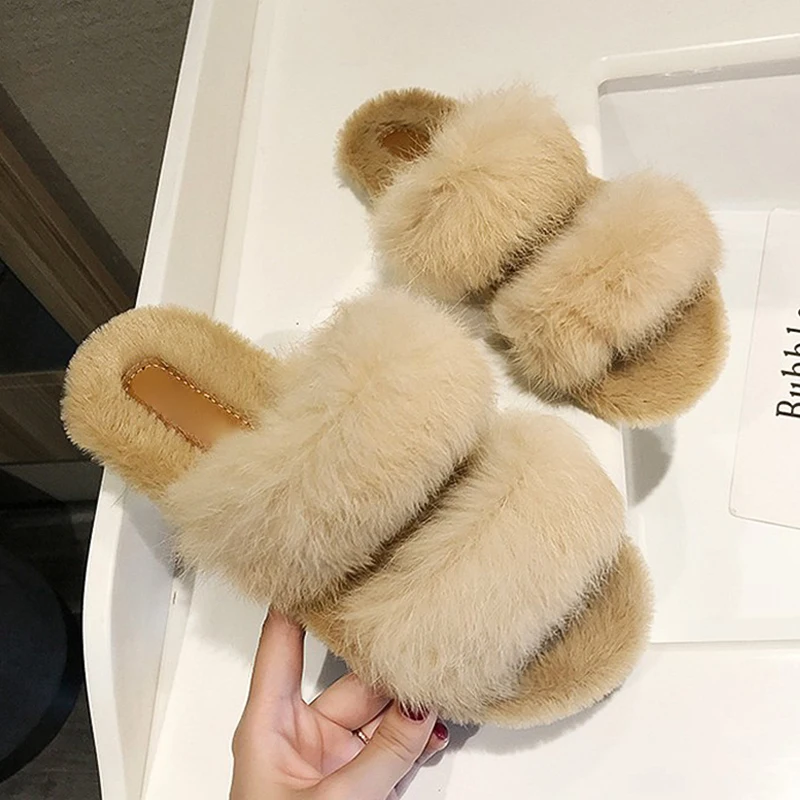 Furry Fur Slides Real Rabbit Fur Slippers Fluffy Flip Flops Ladies Plush House Slippers Cozy Soft Flat Sandals Women Warm Shoes