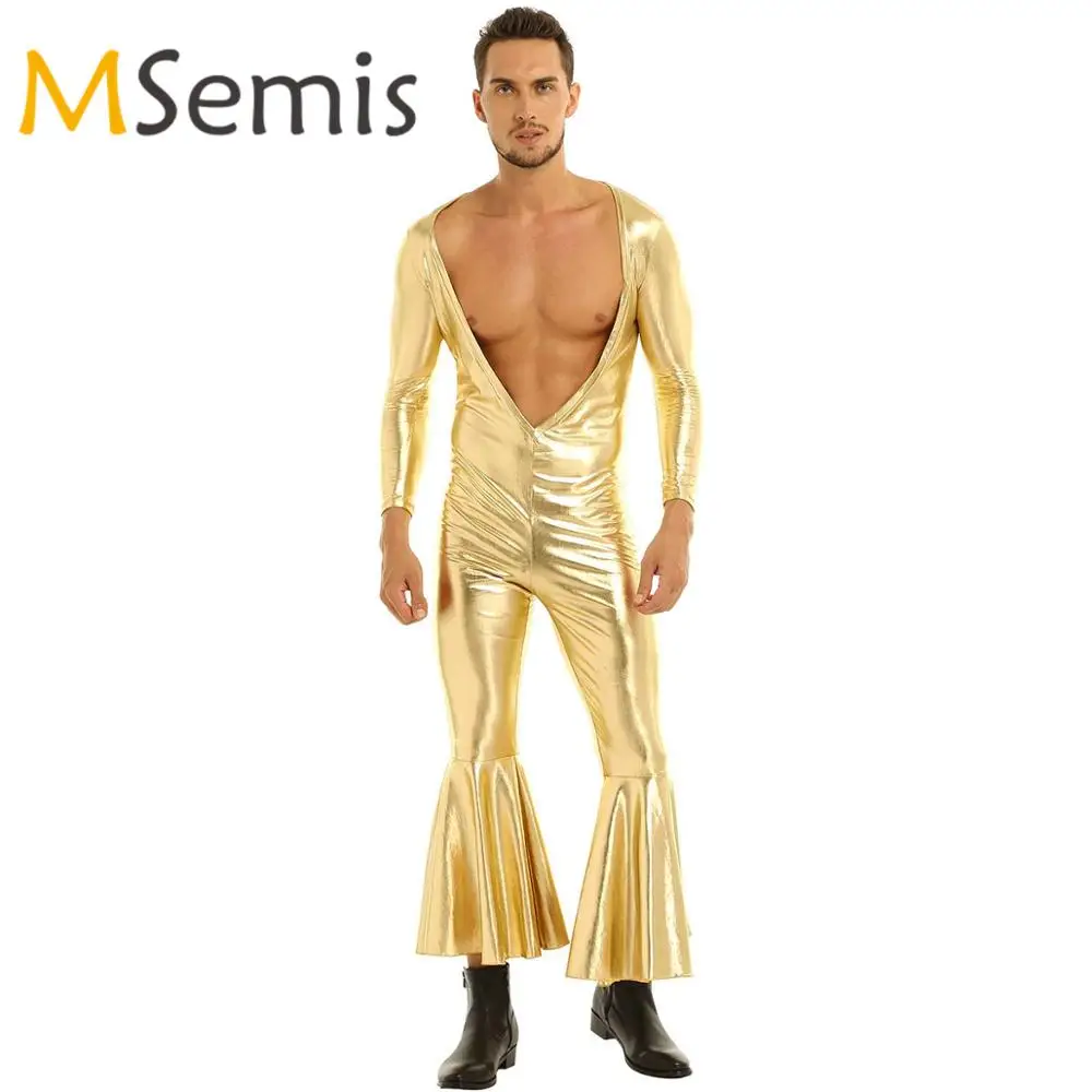 Мужской танцевальный купальник боди блестящий металлик Открытая грудь длинные
