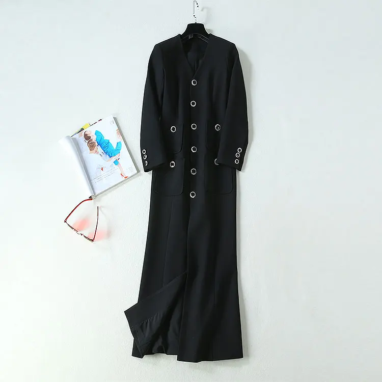 Top Quality New Autumn Winter Long Dress Women V-Neck Beading Buttons Up Pocket Patchwork Long Sleeve Dress Outfits Party