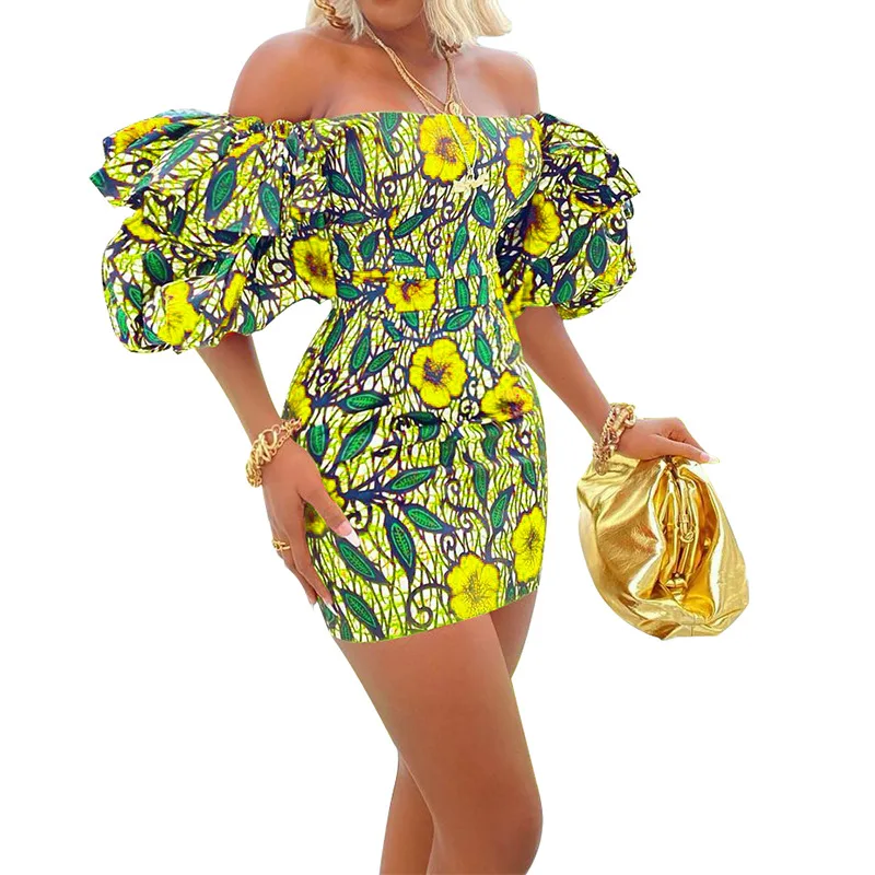 

Women's Clothing 2021 African Sexy Plus Size Floral Bodycon Mini Dress Female Summer Elegant Off Shoulder Evening Club Dresses