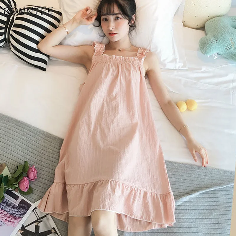 

Sleepshirts Women Solid Ruffles Mid-calf Sleeveless Sweet Lovely Soft Simple Korean Style Fashion Loose Chic Females Summer New