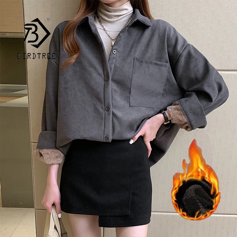 

Утолщенная элегантная рубашка с длинным рукавом, однотонная винтажная рубашка с отложным воротником и карманом для офиса, женские топы, пов...