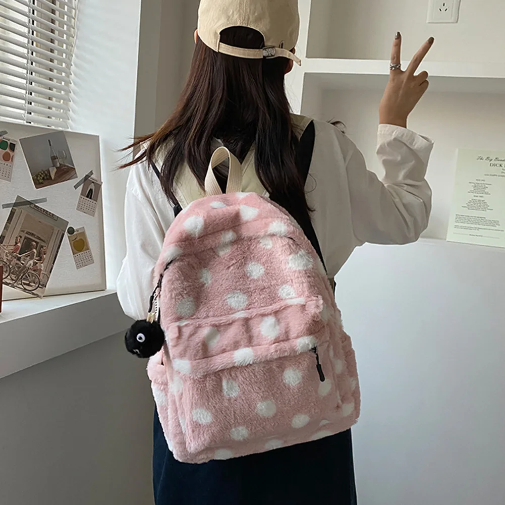 

Causal Girl Backpack Creative Plush Dot Print Design Knapsacks Travel Student School Bags Large Rucksack Gifts