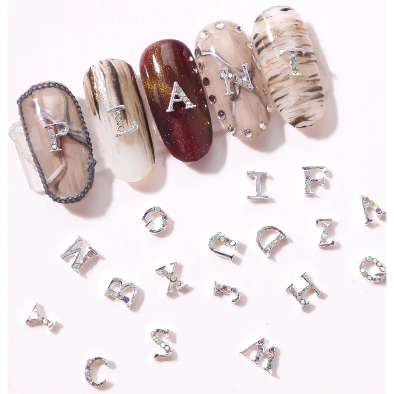 

3D металлические буквы для украшения ногтей с английскими буквами, 26 шт./компл., для самостоятельного изготовления ногтей, для домашнего испо...