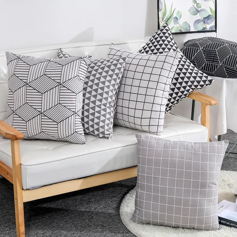 

Wholesale Cushion Cover Simple Plaid Black Gray Plaid Cotton Linen Pillow Cover case Living Room Sofa Waist Back Cushion 45*45CM