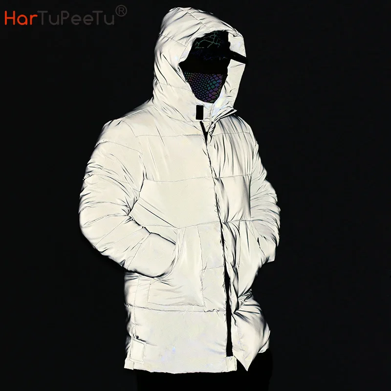 Winter Reflective Cotton-Padded Coats Men Warm Hooded Thicken Jacket Fashion Street Night Safe Big Size Thick Cold Outerwear