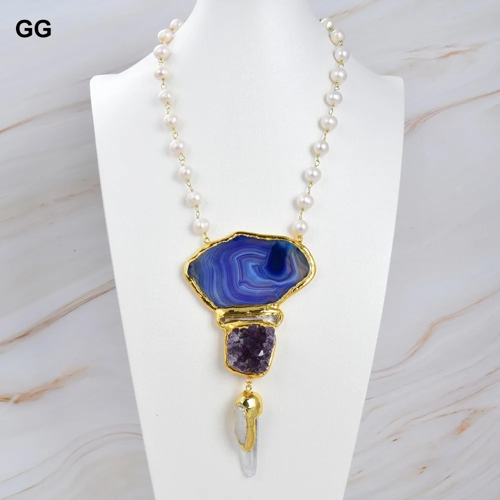 GuaiGuai-collar de cadena de perlas blancas, Ágata púrpura, amatista, punto de cuarzo colgante, 20