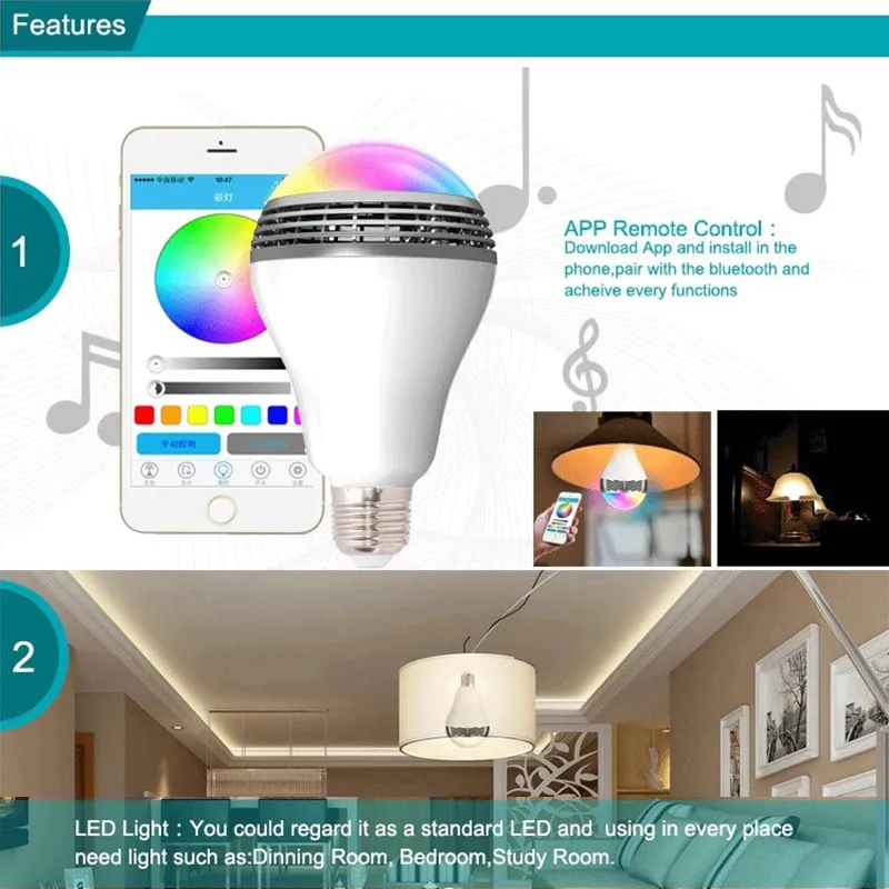 "Умные" колонки в виде светодиодной лампы RGB E27 аудио-динамики с Bluetooth