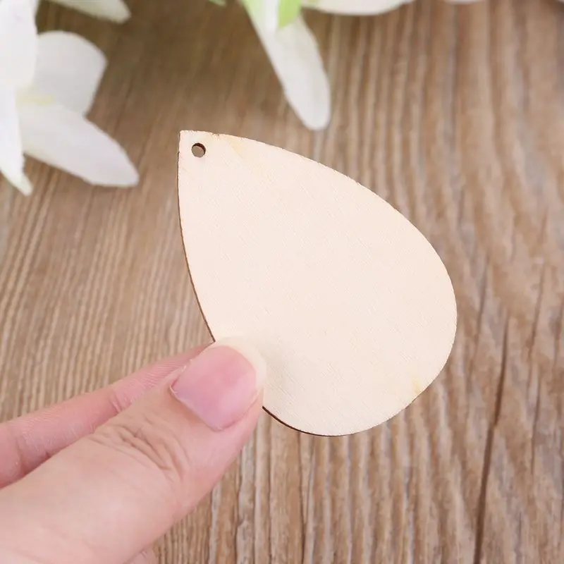 

30pcs Waterdrop Shape Natural Wooden Ornament Holes Blank Slices DIY Scrapbook R7RC
