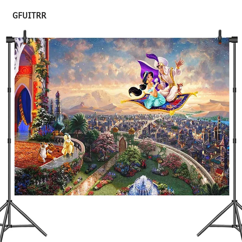 GFUITRR Aladdin Princess Photo Backdrop Cartoon Birthday Jasmin Photography Background Purple Turquoise Vinyl Photo Booth Props
