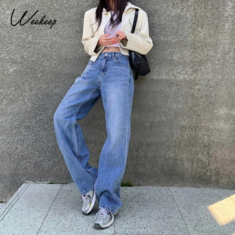 

Женские свободные прямые джинсы Weekeep, повседневные джинсы с высокой талией и принтом в виде букв в Корейском стиле, модные уличные летние бр...