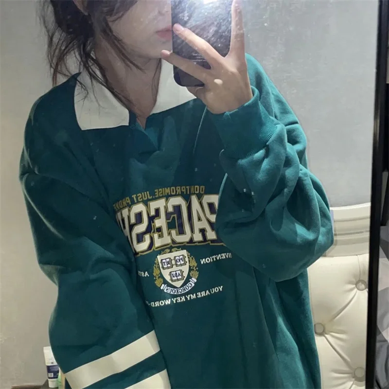 

Hip-hop vintage spring autumn sweatshirt men women thick loose polo collar shirt Dark green letter print long-sleeved lovers top