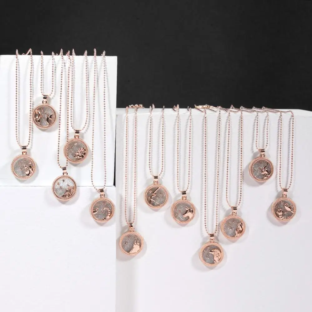 

12 Zodiac Constellations Necklace Geometric Round Pendant Rose Gold Chain Necklace Unisex Friendship Jewelry