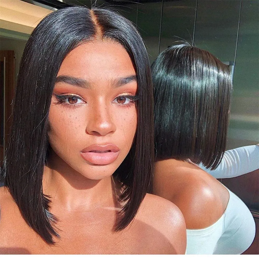 Кружевные передние парики мягкие и шелковые прямые волосы короткий парик с тупым