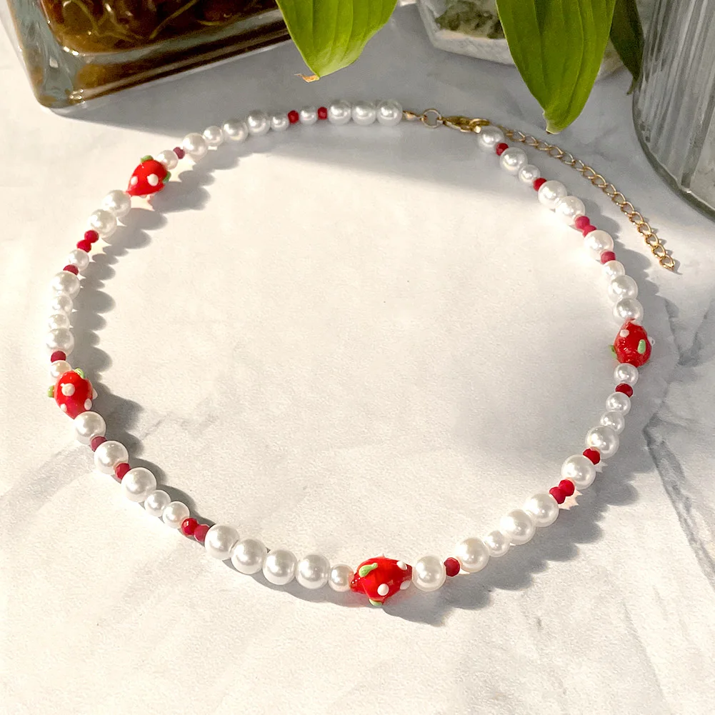 

Harajuku Sweet Strawberry Fruits Pearl Beaded Necklace For Women Baroque Pearl Choker Girls Daily Simple Korean Handmade Jewelry