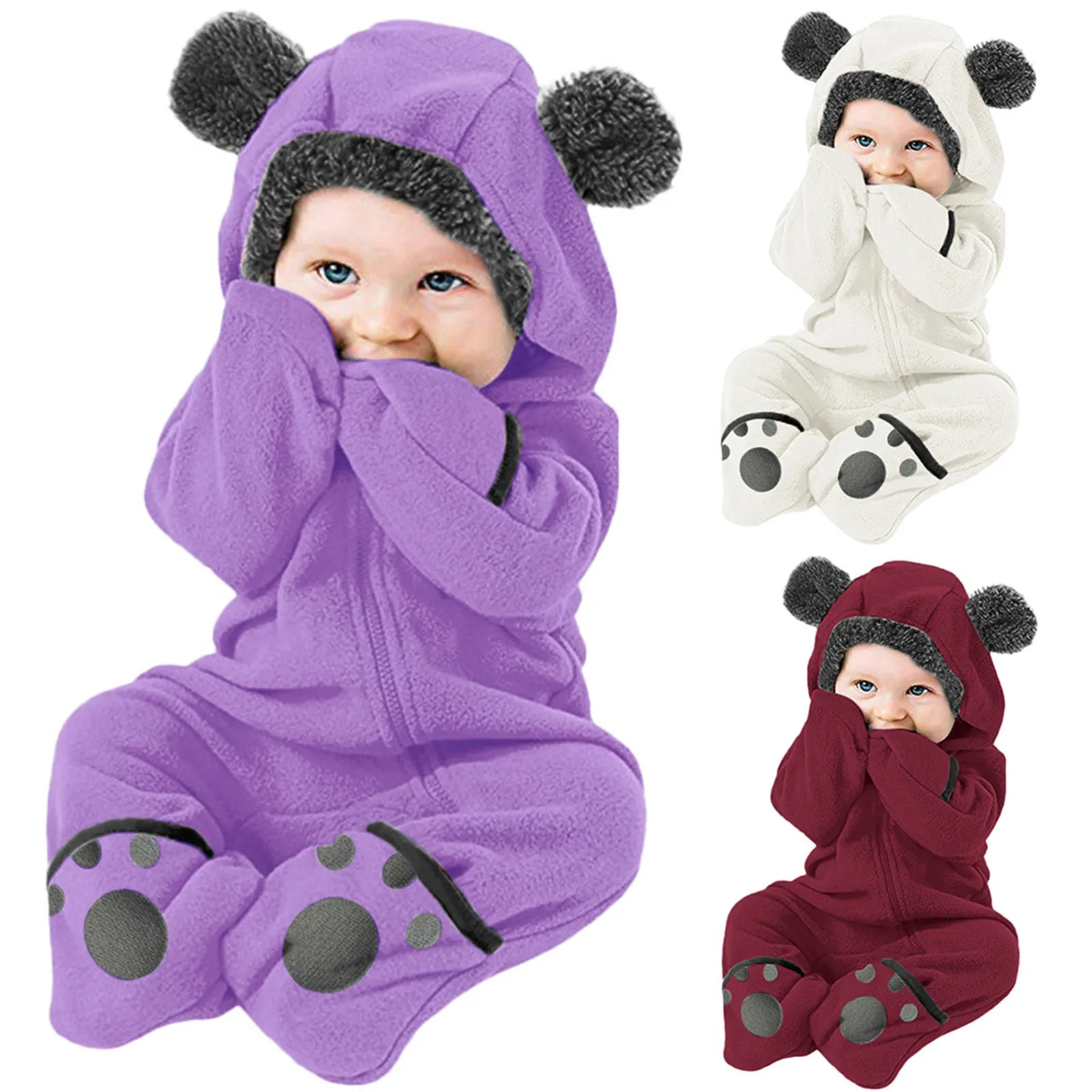 

2021 Winter Baby Fleece Hooded Romper Newborn Infant Toddler Boys Girls Full Zipper Bear Ears Jumpsuit Soft Warm Baby Overalls