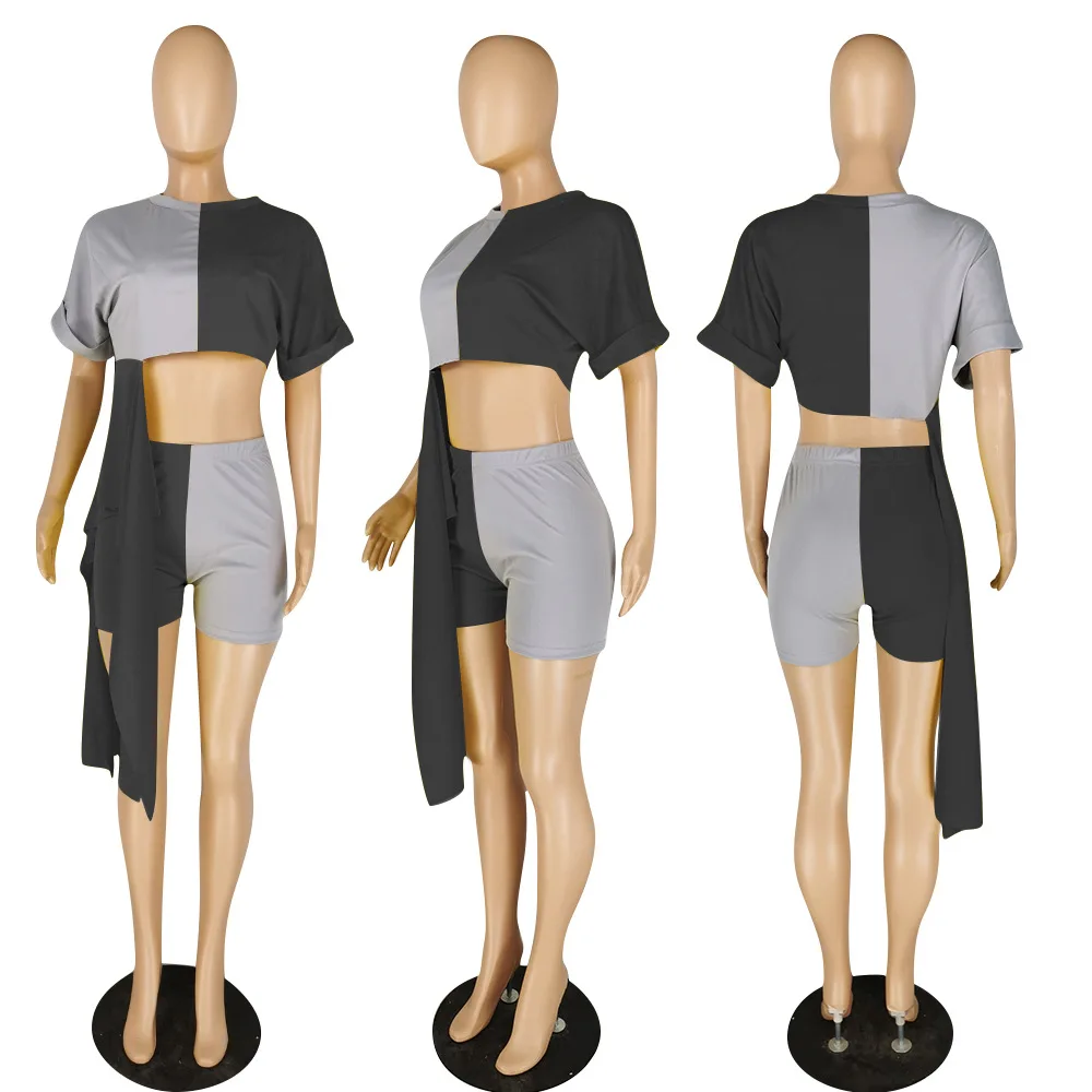 

HAOOHU 2020 Summer Women Two Pieces Sets Tracksuits Patchwork Tee Tops Shorts Leggings Suit Sporty Fitness Night 2 pcs Outfit