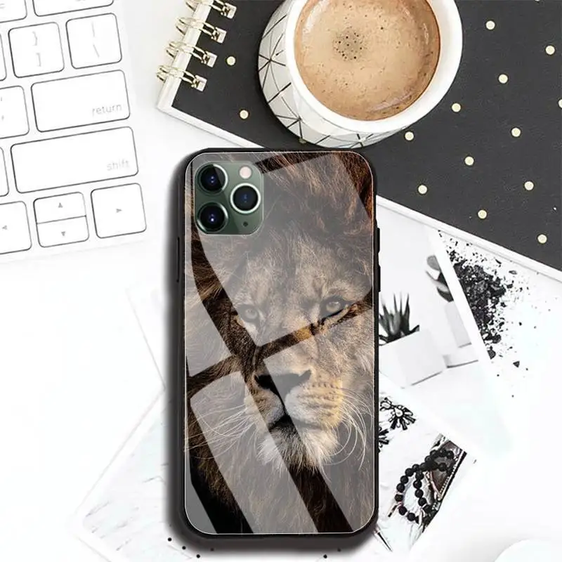 

Animals Cool Lion Phone Case For Iphone 12 11 Pro MAX XR X 7 8Plus SE2020 DIY Shockproof Glass Soft Silicone Edge