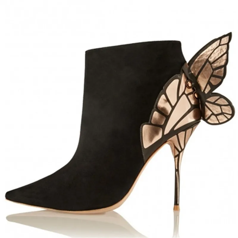 С украшением в виде крыльев бабочки дизайн женские ботильоны Туфли с острым