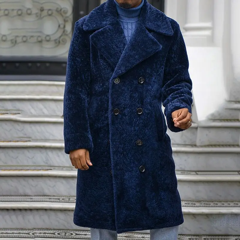 

Осенняя мужская верхняя одежда с длинным рукавом, Мужская зимняя теплая Модная двубортная куртка с отложным воротником, винтажная однотонн...