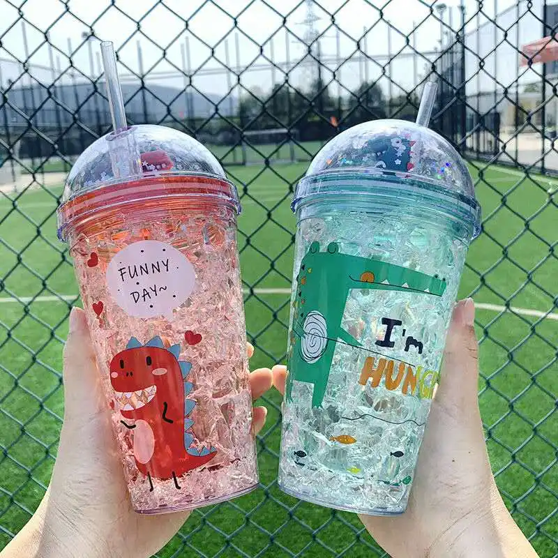 

Plastic Water Cup Cartoon Dinosaur Transparent Plastic Water Bottle Cold Coffee Mugs Leak-proof Drinkware Cute PP Plastic Safe