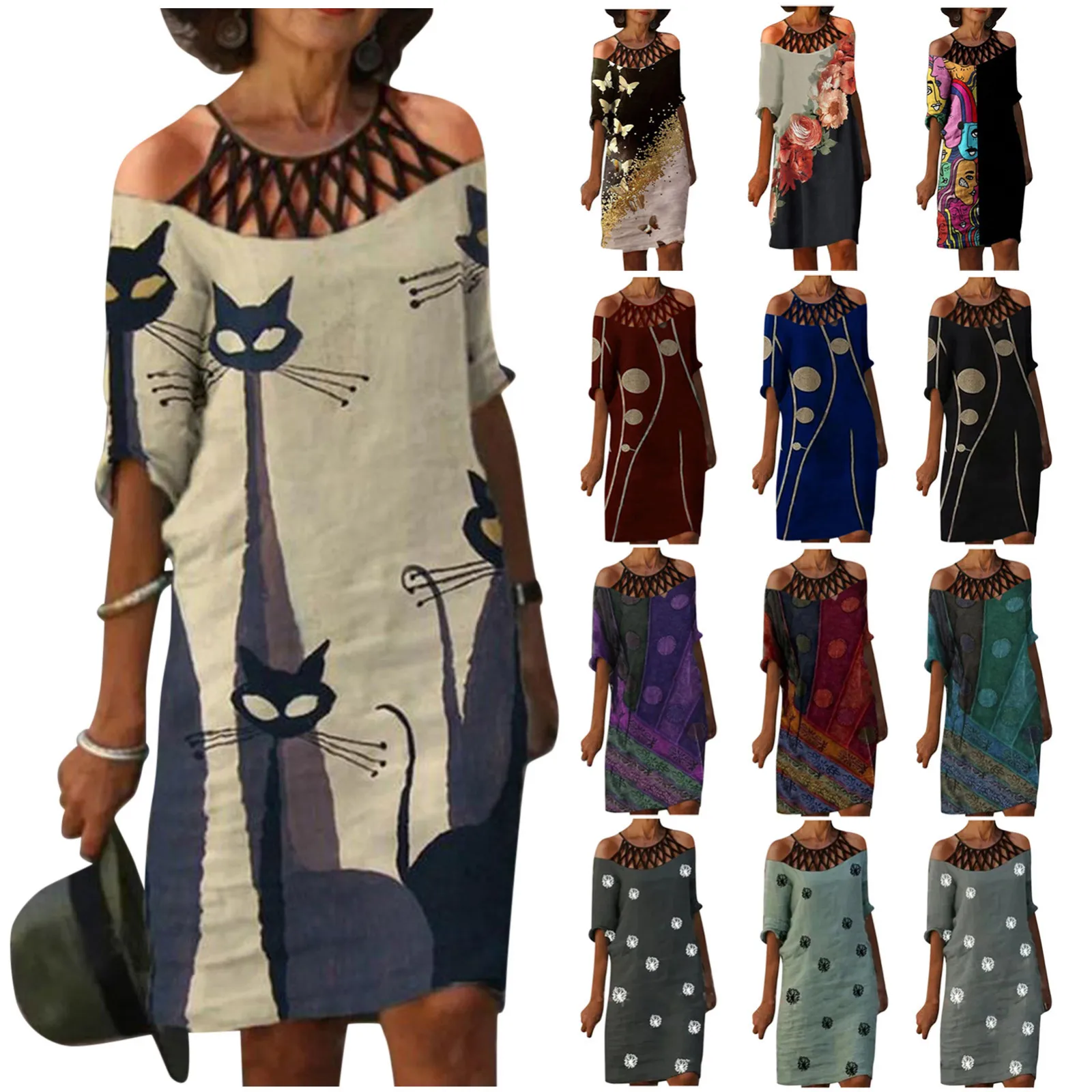 

Женское винтажное платье с вышивкой, свободный сарафан с рукавом до локтя и лямкой на шее, с принтом граффити, платье Mulher712 # Q