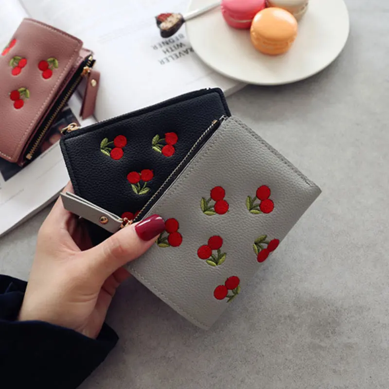 

Fashion Women Short Wallet PU Leather Cherry Embroidery Coin Purse Card Holders Lady Girl Mini Money Bag THIN889