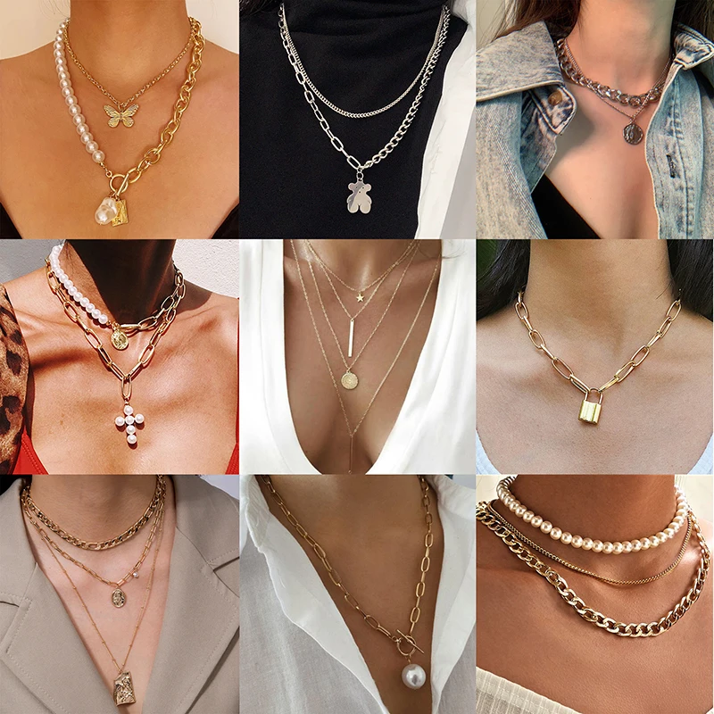 

Vintage Multilayer Pendant Necklace Women Moon Star Choker Necklaces Jewelry Charm Hip Hop Simple Butterfly Cross Pearl