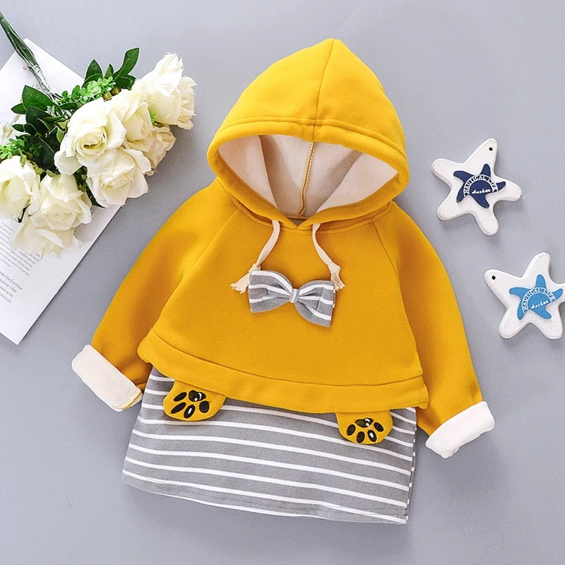 Зимний свитер для маленьких девочек плюшевые пальто с бантом флисовое платье