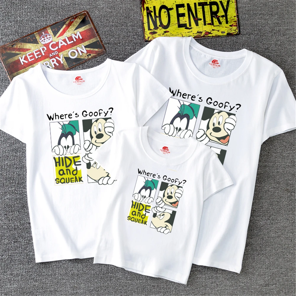

2021 New Summer T-shirt Family Where Is Goofy Print Parent-child O-neck Tee Casual Short Sleeve Baby Tops Streetwear Kawaii