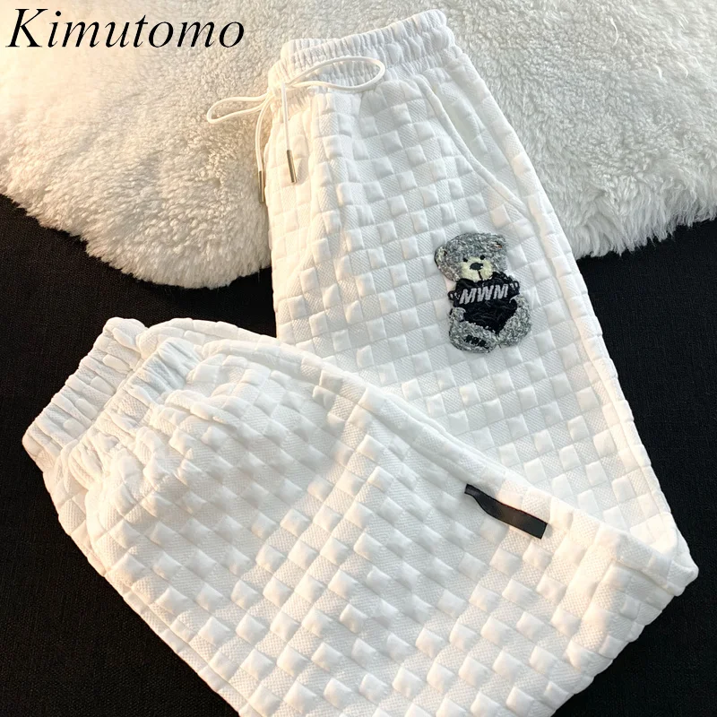

Kimutomo Vintage Japanese Style Pants Women Autumn Bear Embroidery Loose High Waist Elastic Lace Up Solid Straight Bottoms