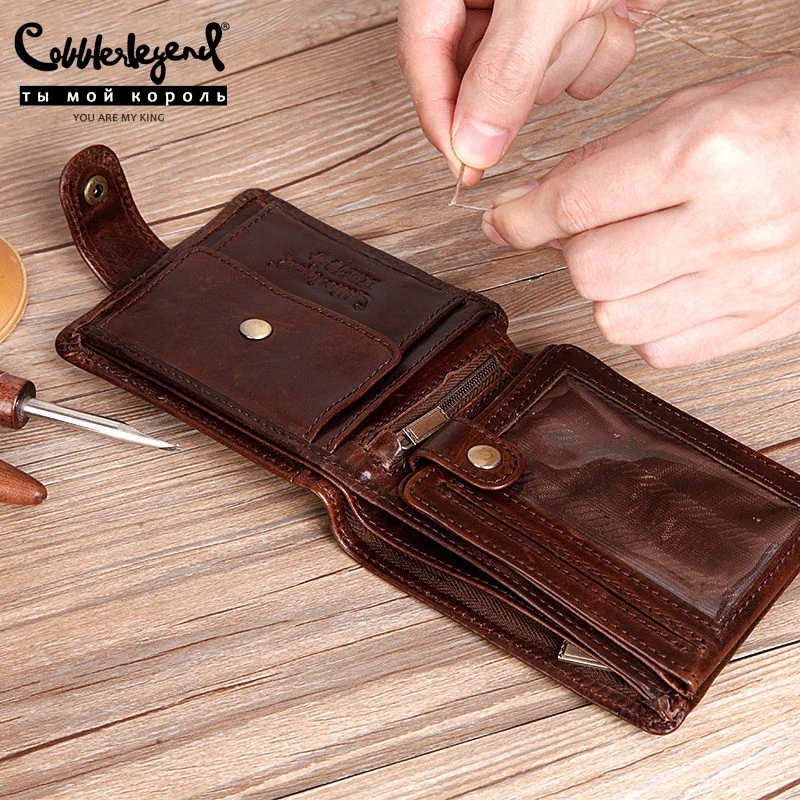 Cobbler Legend Genuine Leather Men Wallets Vintage Trifold Wallet Zip Coin Pocket Purse Cowhide Wallet for Mens Money Clip