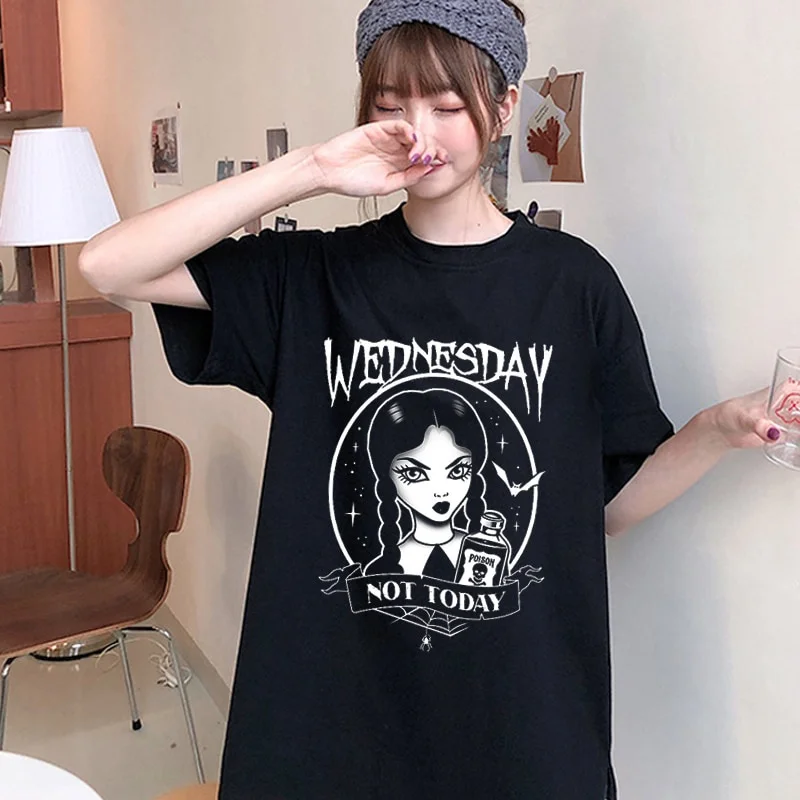 

sunfiz YF Harajuku Gothic Punk Wednesday Print Graphic Tumblr Tops Summer Kpop Casual Loose T-shirt O-Neck Grunge Black Women
