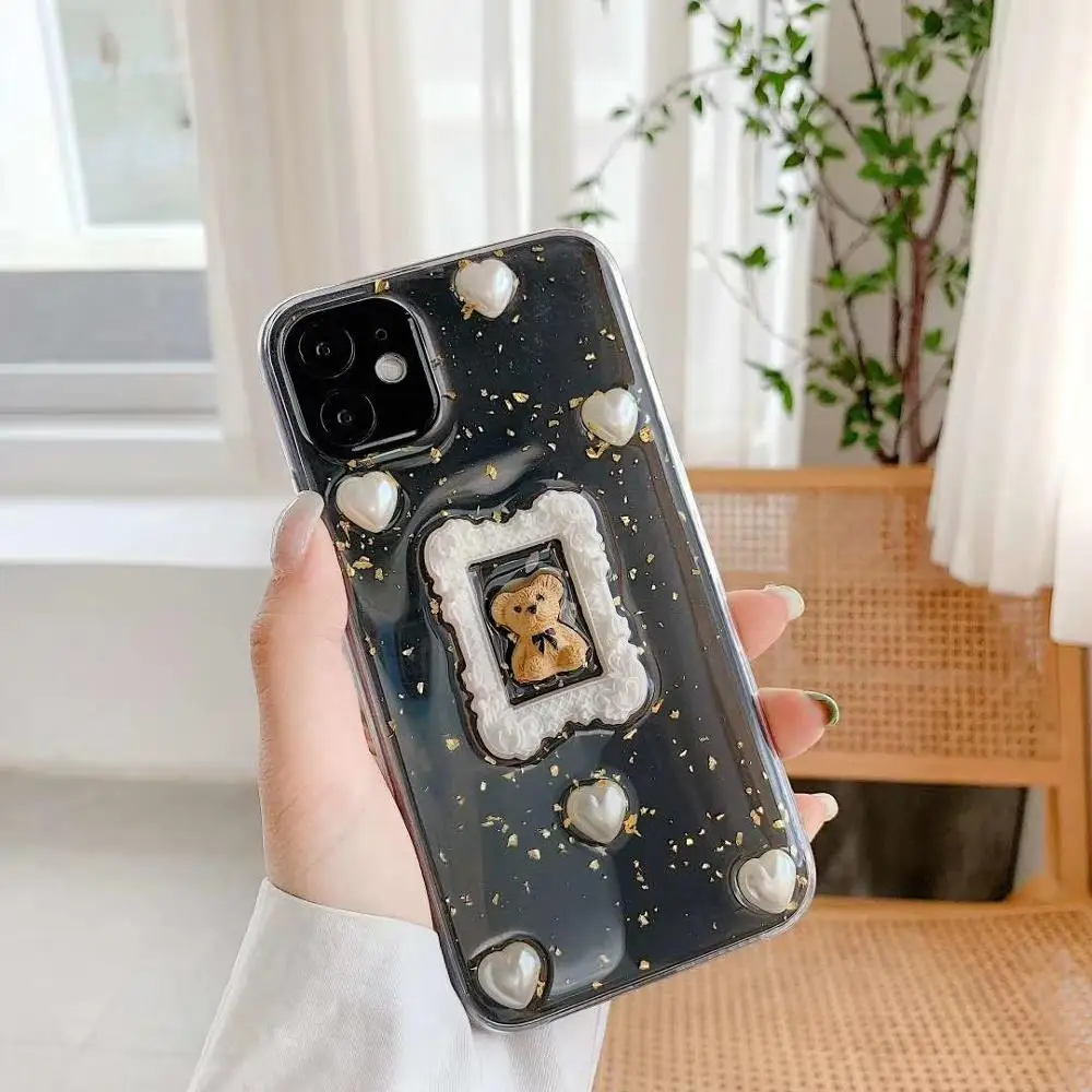 

Cute 3D stereo pearl photo frame bear Phone Case For iPhone 11Pro Max X XS Max XR 7 8 Plus love Soft Silicone Cover