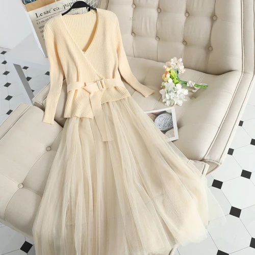 Apricot Neploe осень зима маленький аромат кружева Camis лоскутное Средний длинный трикотажный свитер платье два вида Женский комплект элегантный 46695 - Цвет: Apricot