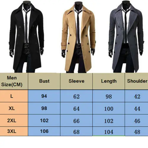 Модный мужской теплый двубортный Тренч куртка Шерстяное полупальто черный серый