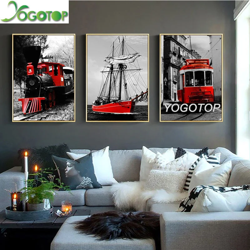 

Diy Diamond Painting Red Train Bus Seascape 5D Full Drill mosaic diamant Embroidery Wall Decor Vintage Scenery 3 Pieces ML1083