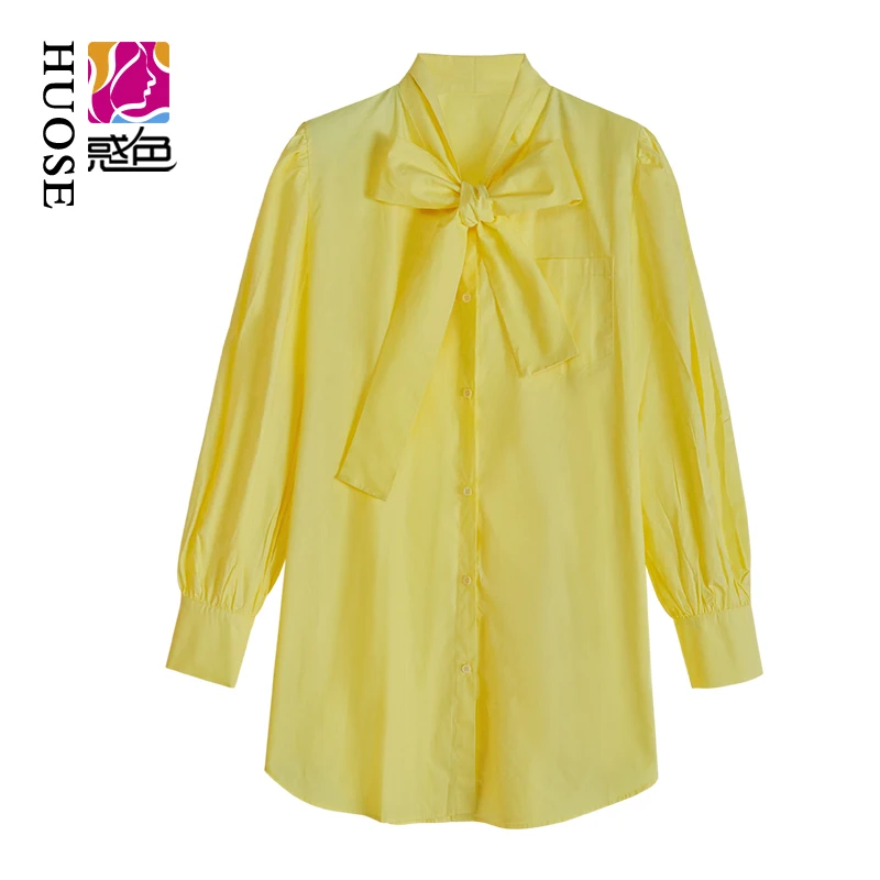 

Light luxury niche fried street tops 2021 spring new female loose lantern sleeves tie bow shirt trend