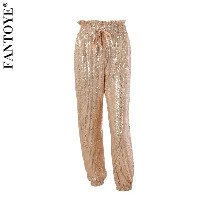 Женские блестящие широкие брюки FANTOYE повседневные шаровары с высокой талией со