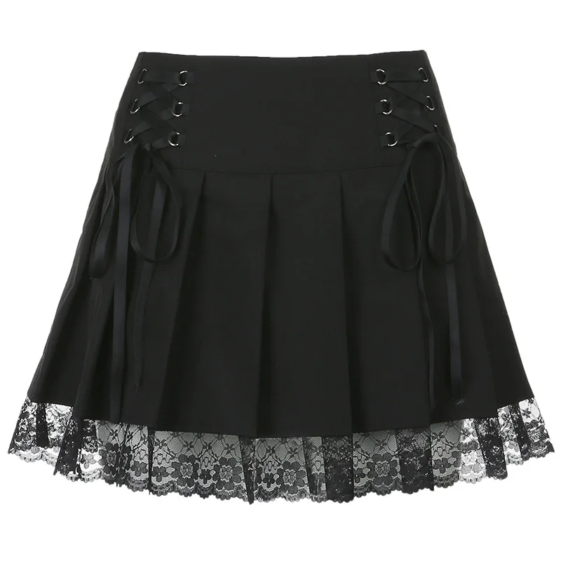 

Summer Lace Up Goth Y2K Pleated Skirt Woman Punk Style Dark Academia Aesthetic Vintage 90s Streetwear Black Sexy Mini Skirts