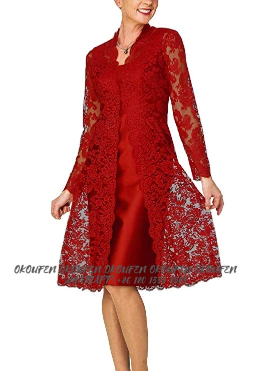 

Короткие платья для матери невесты и жениха Бордовый Красный Кружевной Жакет длиной до колен Свадебные Вечерние наряды индивидуальные пла...