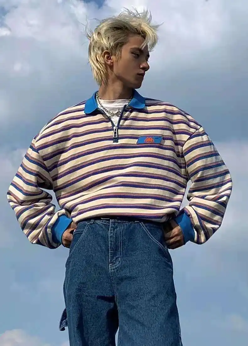Полосатая толстовка на молнии пуловеры с воротником-поло Свитшот оверсайз