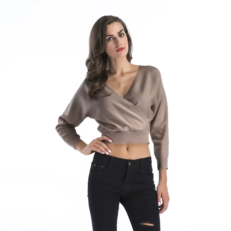 

Fast selling hot autumn and winter solid color short long sleeve deep V-neck tight women's sweater American women's clothing