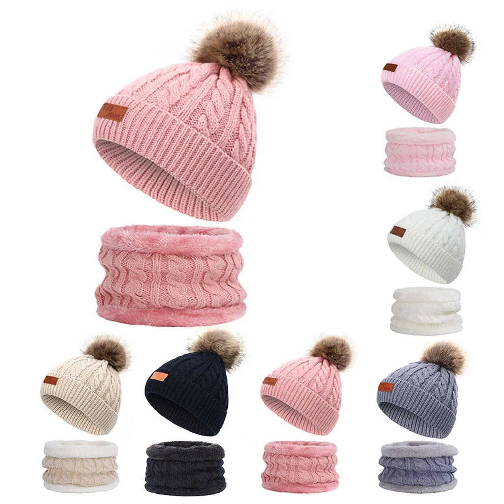 

New Children's Winter Hat Boy Girl Pompon Knitted Hats Scarf Set Children's Beanie Cotton Warm Bib Baby Twist Cap Elastic Size