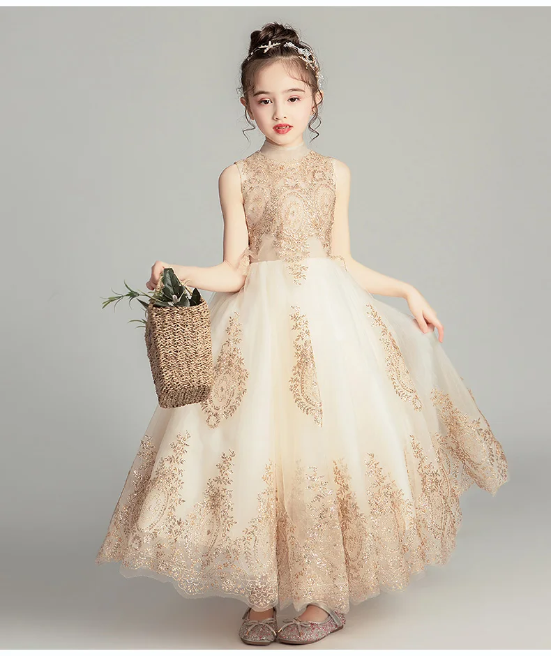 Golden Sequin Lace Girl Wedding Dress Long Flower Girl Dress Princess Party First Communion Gown Baby Girl Baptism Pageant Gown