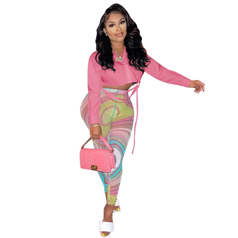 

Casual Autumn Women Two Piece Set Ribbons Long Sleeve Shirt Crop Tops Printed Mesh Pants Female Fashion Suits Clubwear