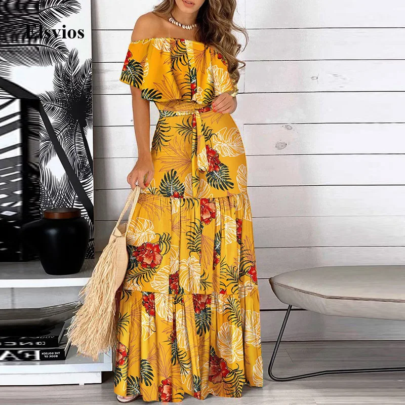 

Elegant Floral Print Lady Maxi Party Dress Women Sexy Off Shoulder Ruffle Boho Beach Dress Summer Casual Short Sleeve Long Dress