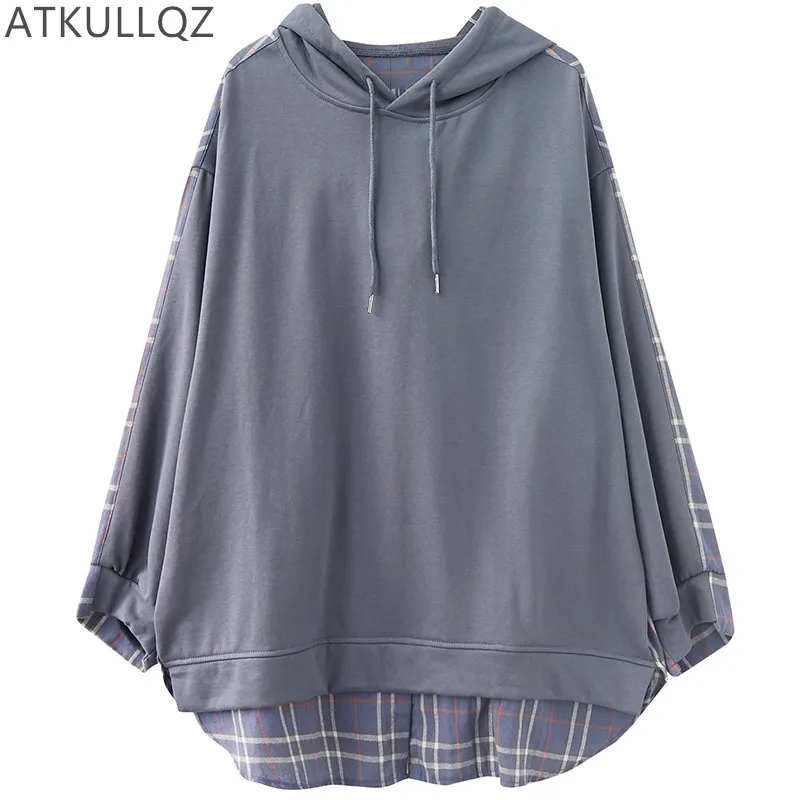 

Женский Свободный свитшот с капюшоном на завязках, большой размер, новинка весны и осени, модный универсальный клетчатый топ с имитацией дв...